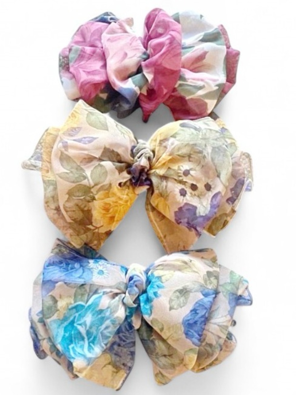 Vintage Statement 80s Floral Hair Bow Barrettes Set 3 Sheer Silky Cottagecore